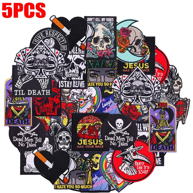 Collection of 5 stickers with various designs including skulls, text, and symbols on a white background.