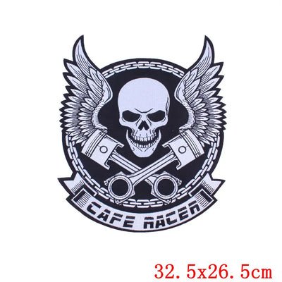 Logo with skull, wings, and crossed pistons on a black background with 'Cafe Racer' text.
