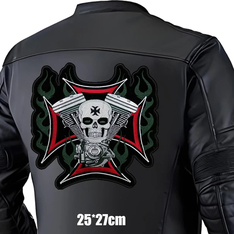 Black leather jacket with a skull and crossbones design on the back, displayed against a white background.