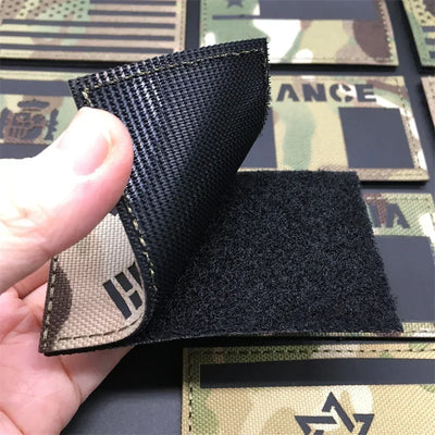 camouflage patch and its Velcro Back held by a hand with camouflage background 