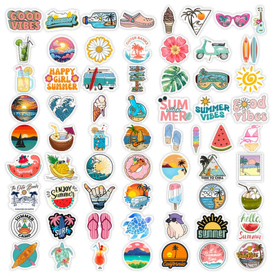 Collection of colorful summer-themed stickers on a white background