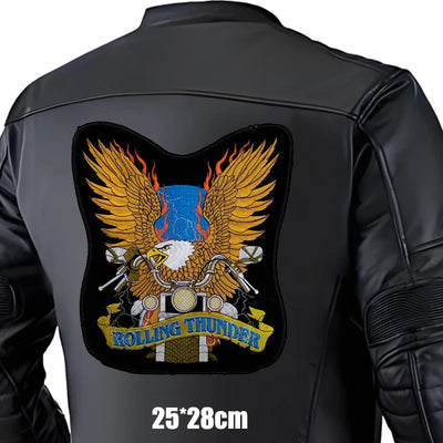Black leather jacket with a 'Rolling Thunder' eagle patch on the back, size 25x28cm.