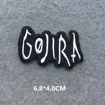 Embroidered patch with 'Gojira' text on a gray background