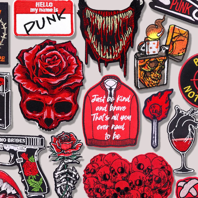 Collection of various patches with different designs on a white background