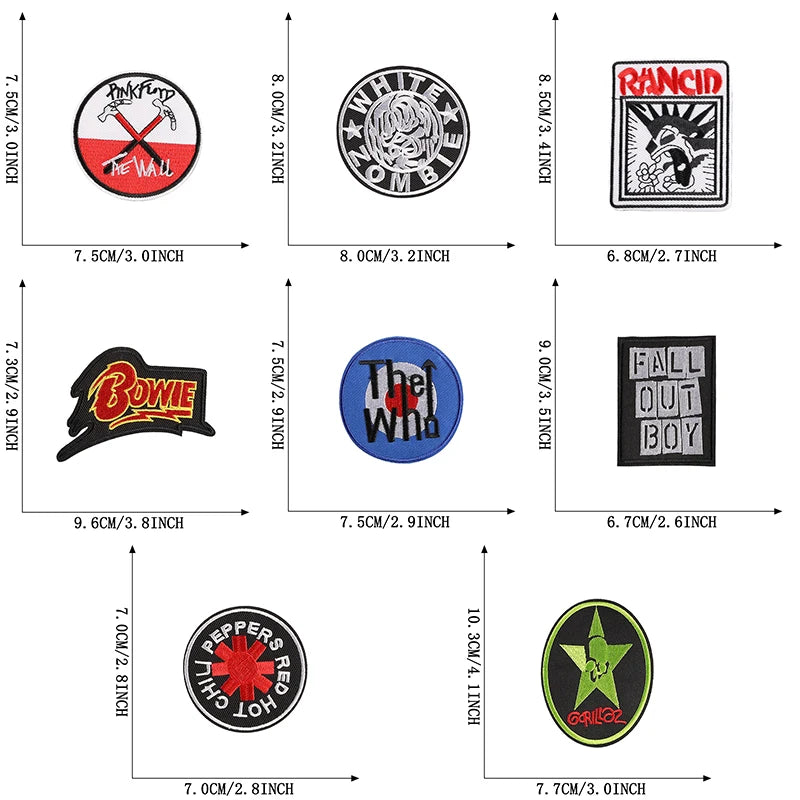 Set of music band logos with dimensions on a white background