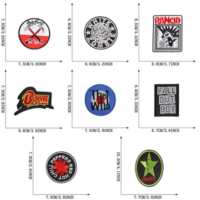 Set of music band logos with dimensions on a white background
