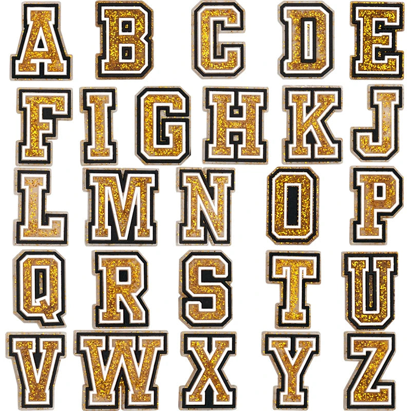🔠Gold Glitter Alphabet Shoe Charms – 26PCS A–Z PVC Letters for Clogs, Bags & Wristbands