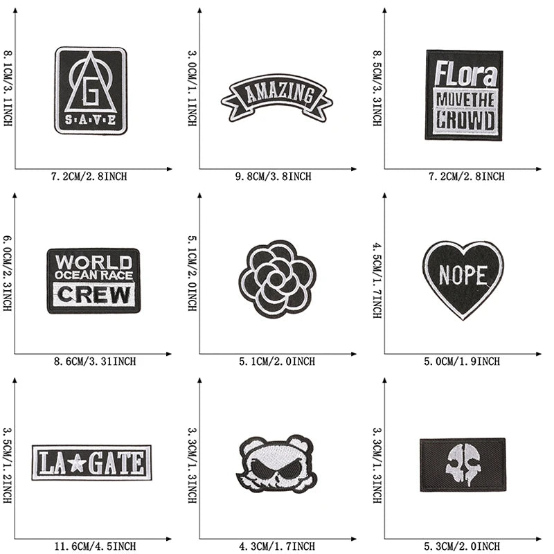 Collection of various stickers with dimensions displayed on a white background