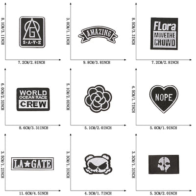 Collection of various stickers with dimensions displayed on a white background