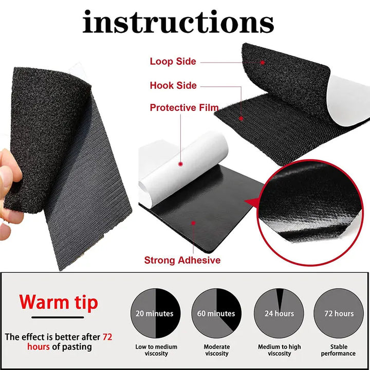 Instructions for using a black adhesive strip with text and diagram on a white background