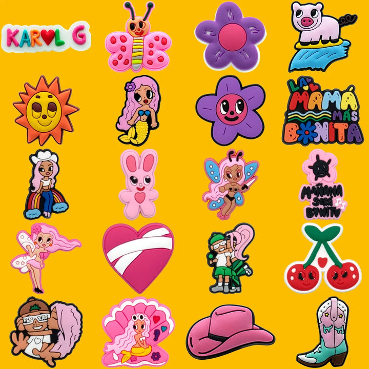Collection of colorful cartoon characters shoe charms on a yellow background with &