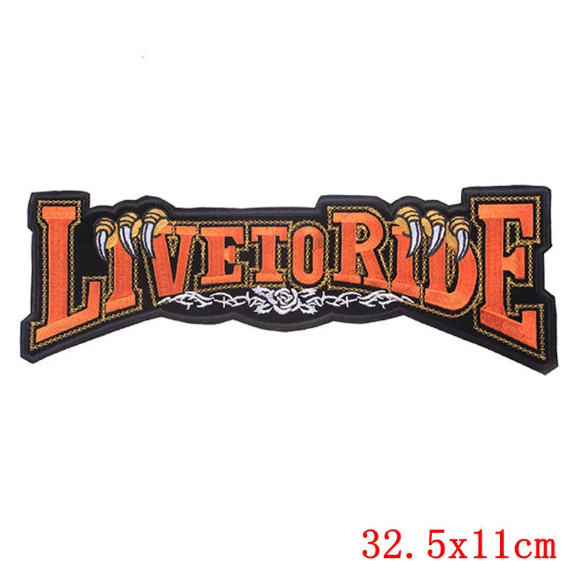 Embroidered patch with 'LIVE TO RIDE' text on a white background
