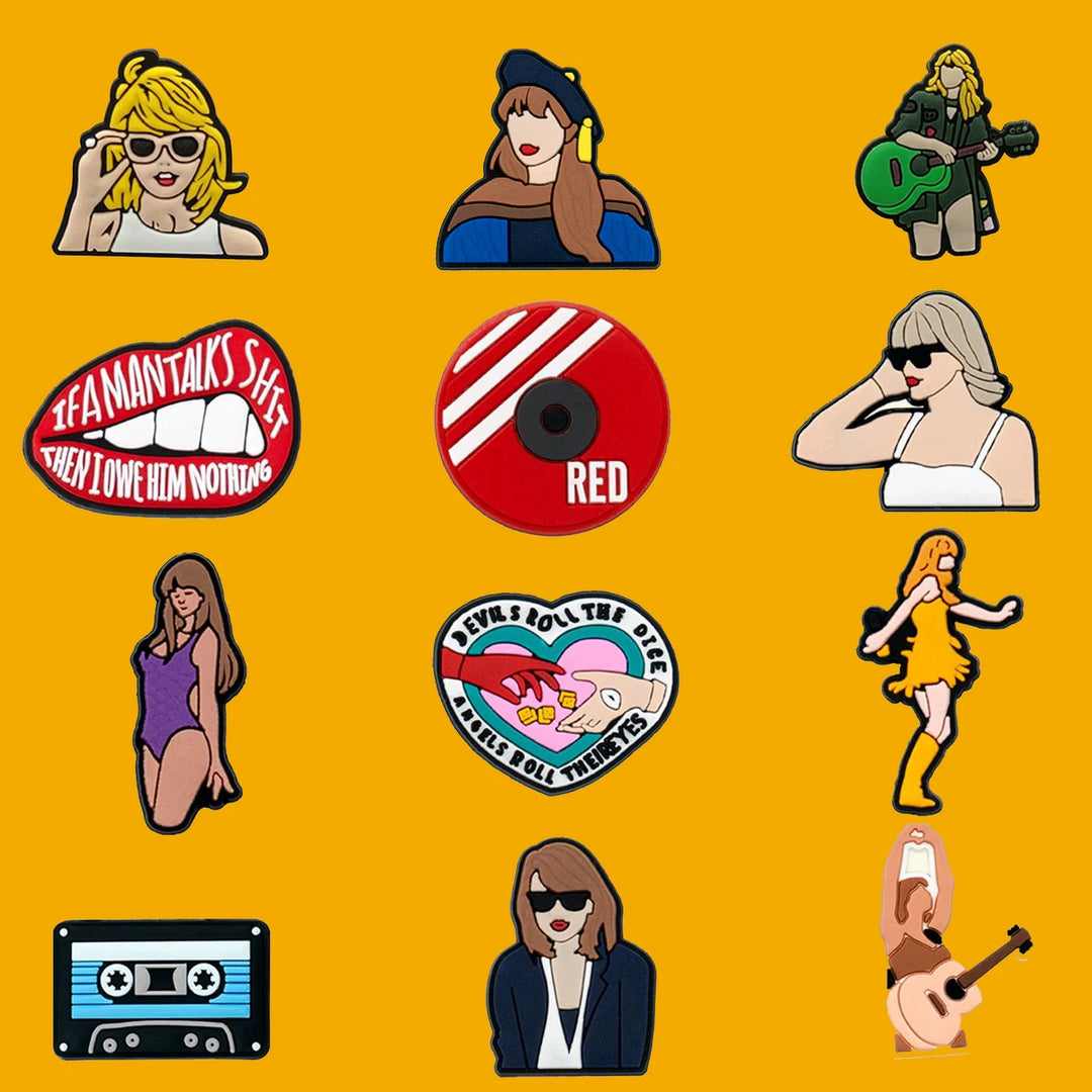Collection of illustrated shoe charms featuring people, objects, and text on a yellow background