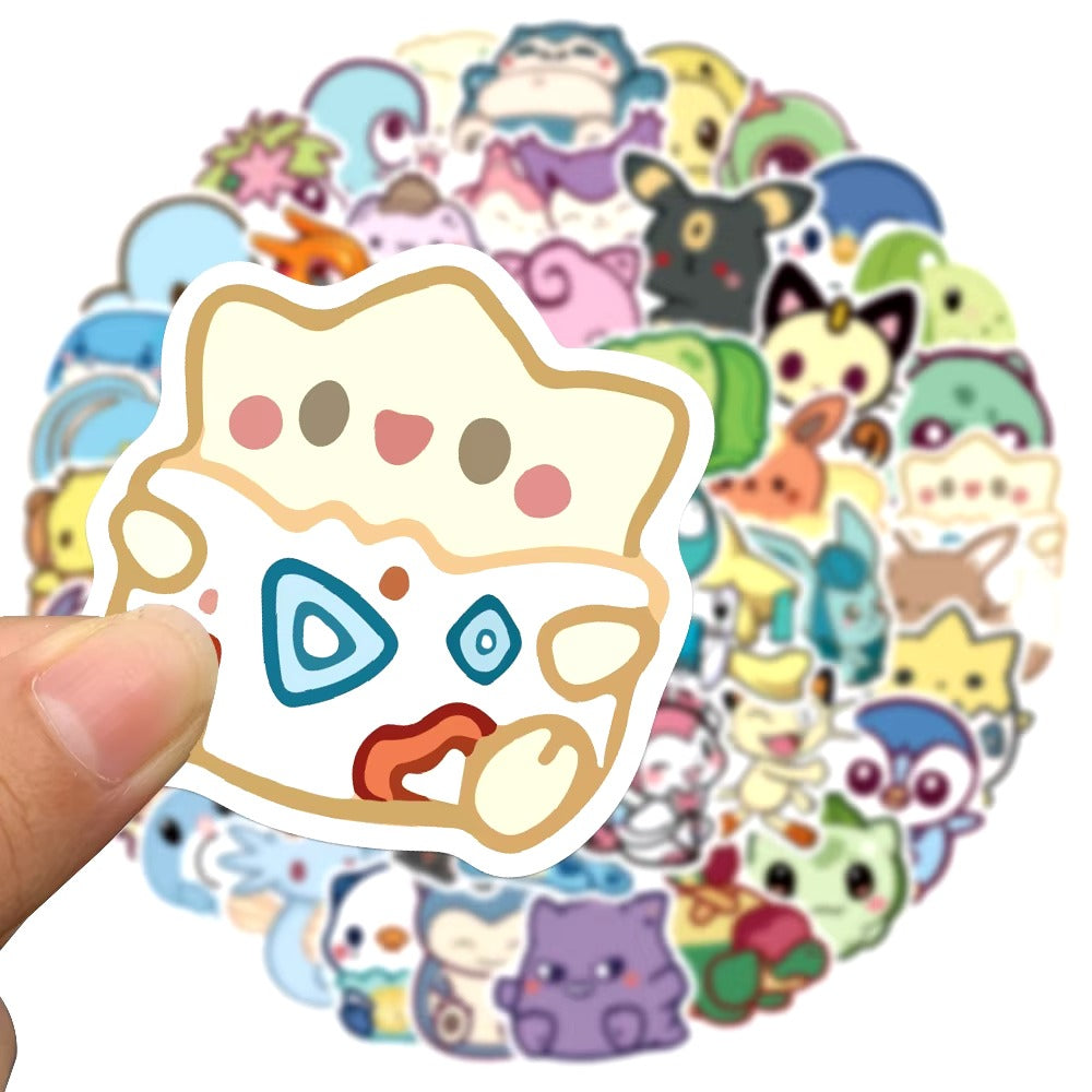 Collection of colorful cartoon stickers with a hand holding one sticker.