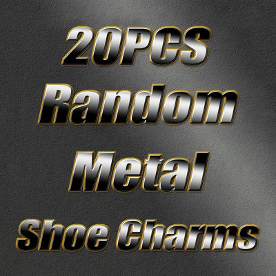 Text on a dark background indicating '20PCS Random Metal Shoe charmsCharms'.