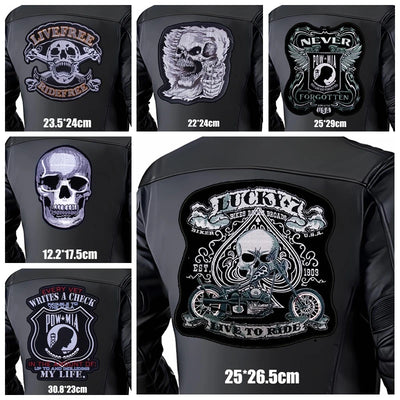 Collage of black leather jacket back panels with various skull and text designs, including measurements.