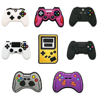 Collection of colorful gaming controllers shoe charms on a white background