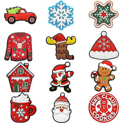 Collection of Christmas-themed decorative Shoe charms including a red truck, snowflakes, cookies, sweater, reindeer, house, Santa Claus, gingerbread man, hot chocolate, and Mrs. Claus Cookies stamp.