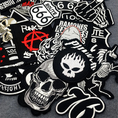 🖤50pcs Black & White Punk Iron-On Patches – Mixed Embroidered Appliques for Jackets, Jeans, Bags