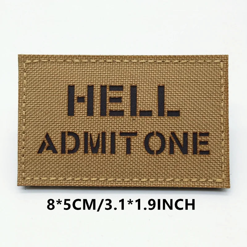 Doormat with 'HELL ADMIT ONE' text on a white background