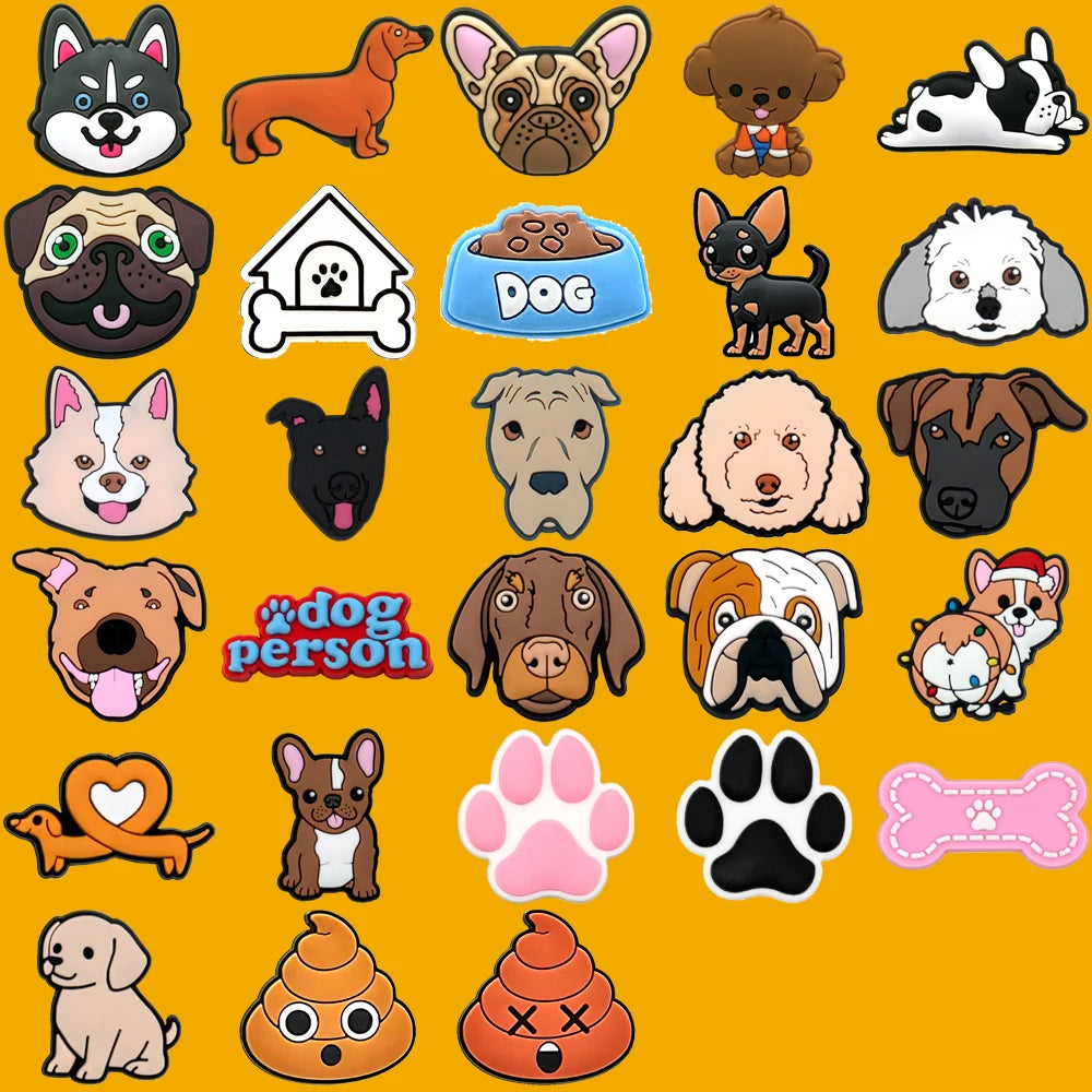Collection of cartoon dog shoe charms on a yellow background with &