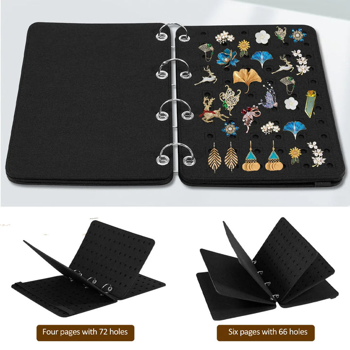 Black jewelry display folder with various brooches in four or six pages on a white background 