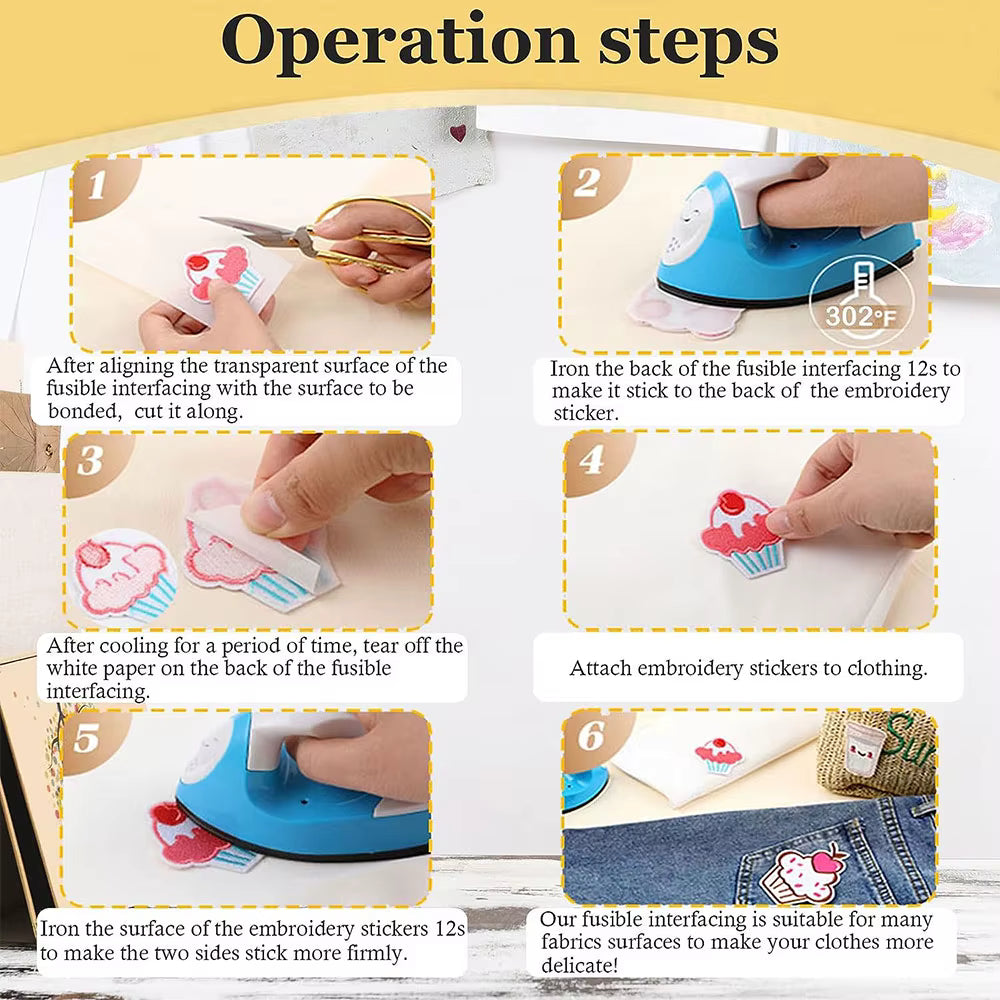 Step-by-step guide on applying embroidery stickers with images of hands and ironing process.