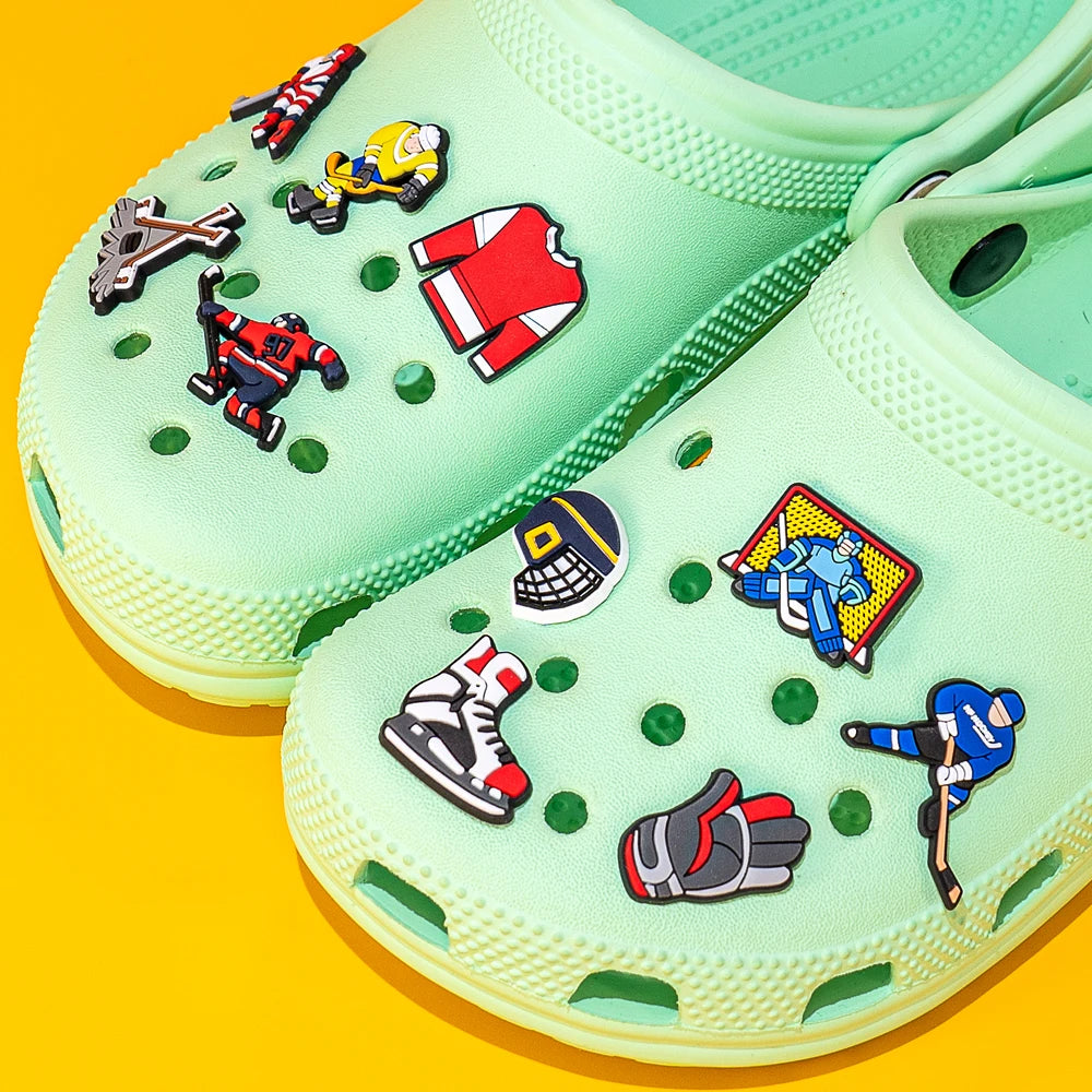 🏒11pcs Hockey Shoe Charms – Colorful Players, Gear & Sticks for Clogs & Sports Fans