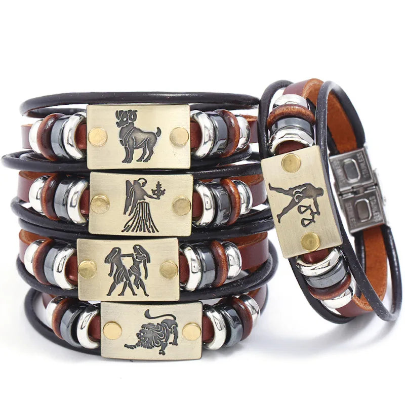 Multi-layered bracelet with zodiac symbols on gold plates against a white background