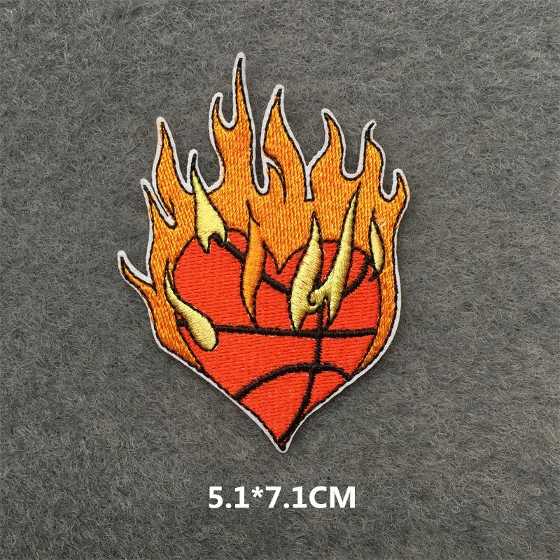 Heart-shaped design with flames on a gray background, size 5.1*7.1CM.