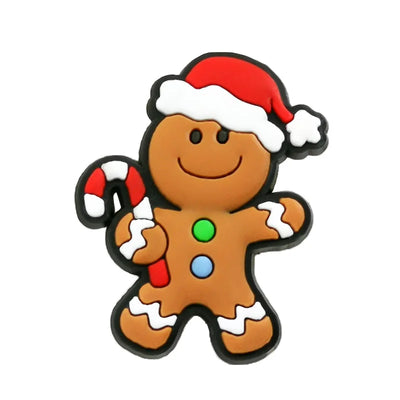 Shoe charm ornament of Gingerbread man Christmas ornament with a candy cane on a white background