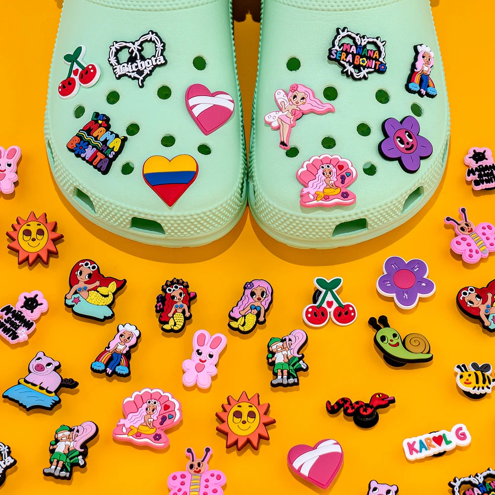 🌈50pcs Karol G Shoe Charms – Mermaids, Hearts, Butterflies & “Mañana Será Bonito” Icons for Clogs