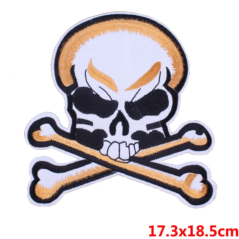 Skull and crossbones patch with size label on a white background