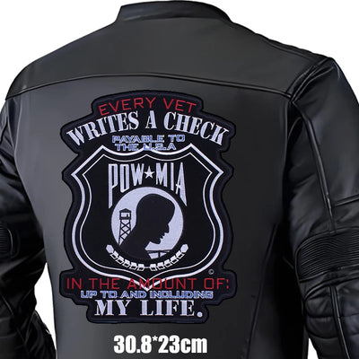 Black leather jacket with a POW/MIA patch on the back