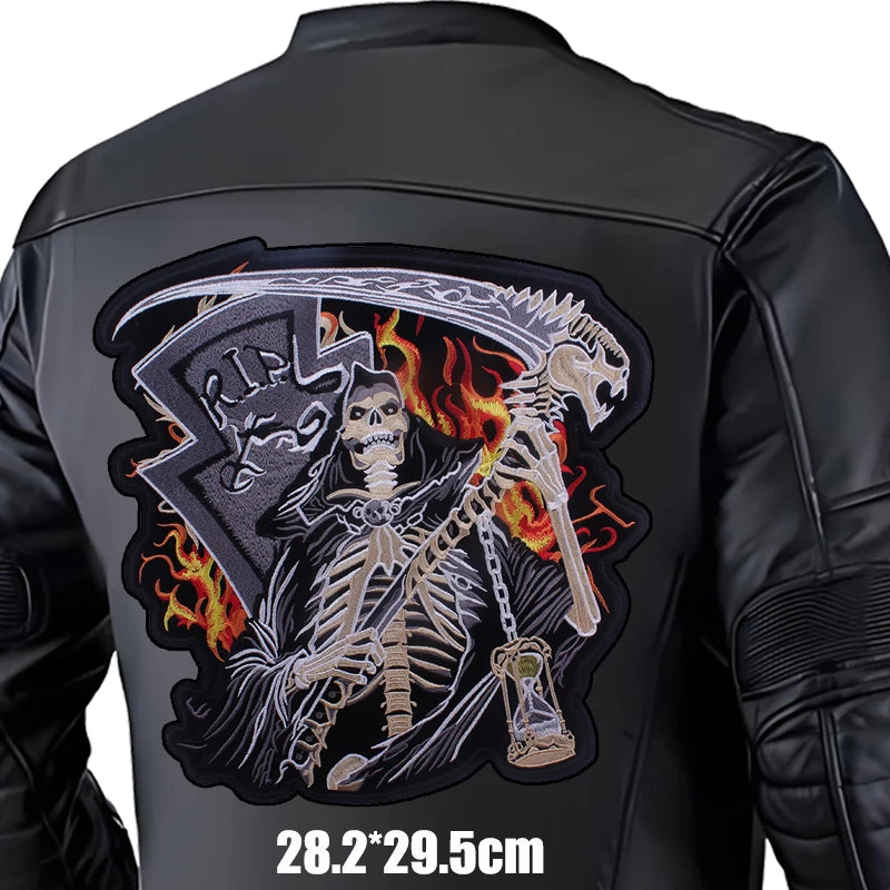 Black leather jacket with a skeleton and scythe design on the back, size 28.2*29.5cm.
