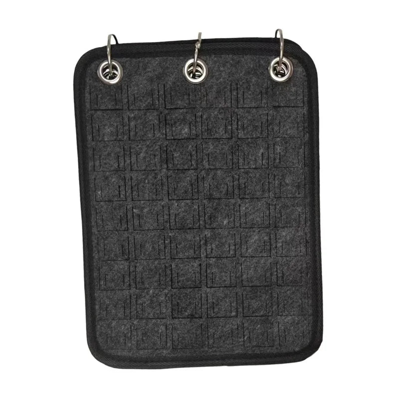 Black Felt Pin Display Stand with metal hooks on a white background