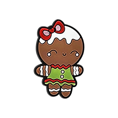 Shoe charm ornament of Gingerbread girl character with a red bow on a white background