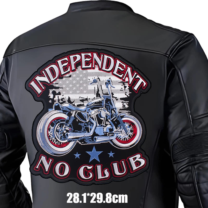 Black leather jacket with 'Independent No Club' graphic on the back