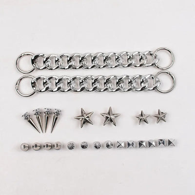 Collection of silver Rivet Shoe Charms chain, star-shaped  and spike accessories on a white background