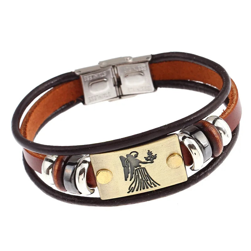 Brown leather bracelet with metal accents on a white background