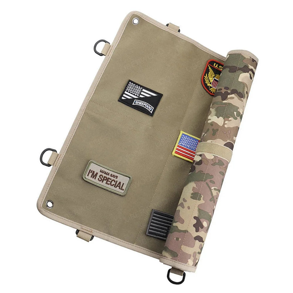 Tactical display board half rolled showing some patches attached on a white background