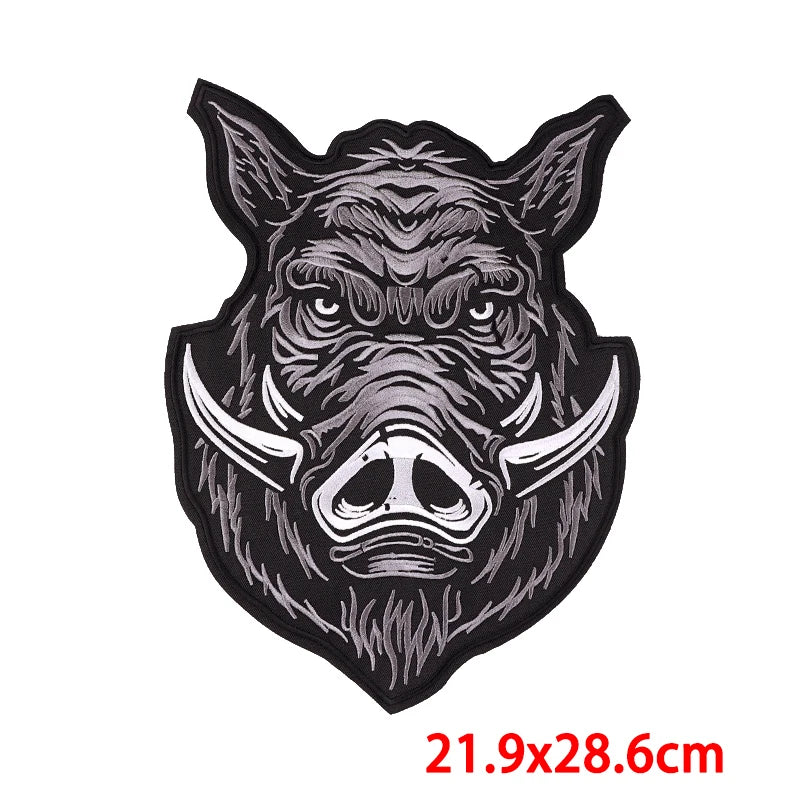 Black and white illustration of a boar head with measurement text on a white background