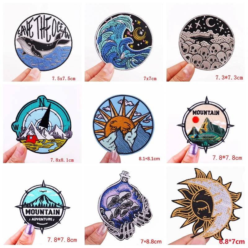 Collection of various patches with different designs held by hands, showing dimensions.