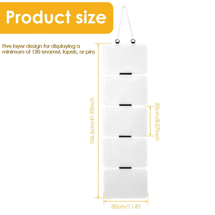 white Hanging Felt Pin Display Panels with dimensions on a white backgrounde