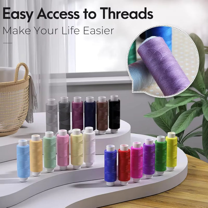 Set of various colorful threads and a basket on a sewing table 