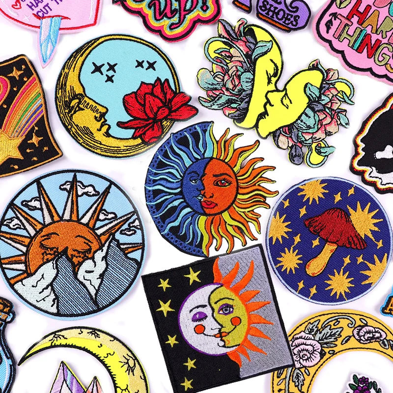 Collection of colorful sun and moon-themed stickers on a white background