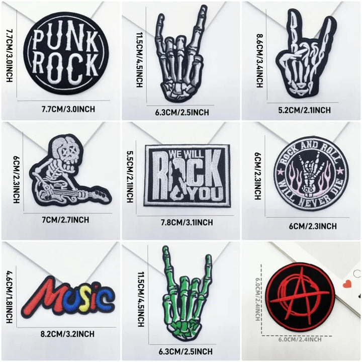 Collection of punk rock-themed stickers with measurements on a white background