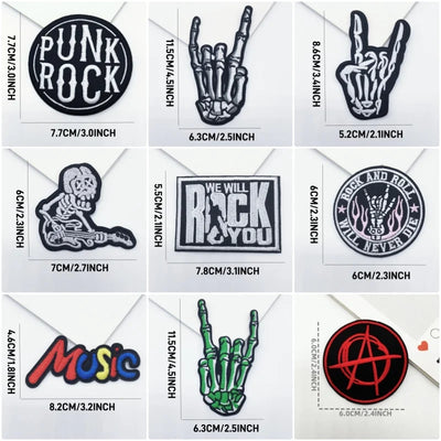 Collection of punk rock-themed stickers with measurements on a white background