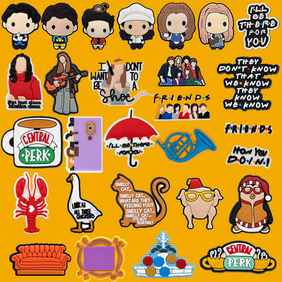 ☕28pcs Friends TV Show Shoe Charms – Iconic Quotes, Characters & Symbols for Clogs & Gifts