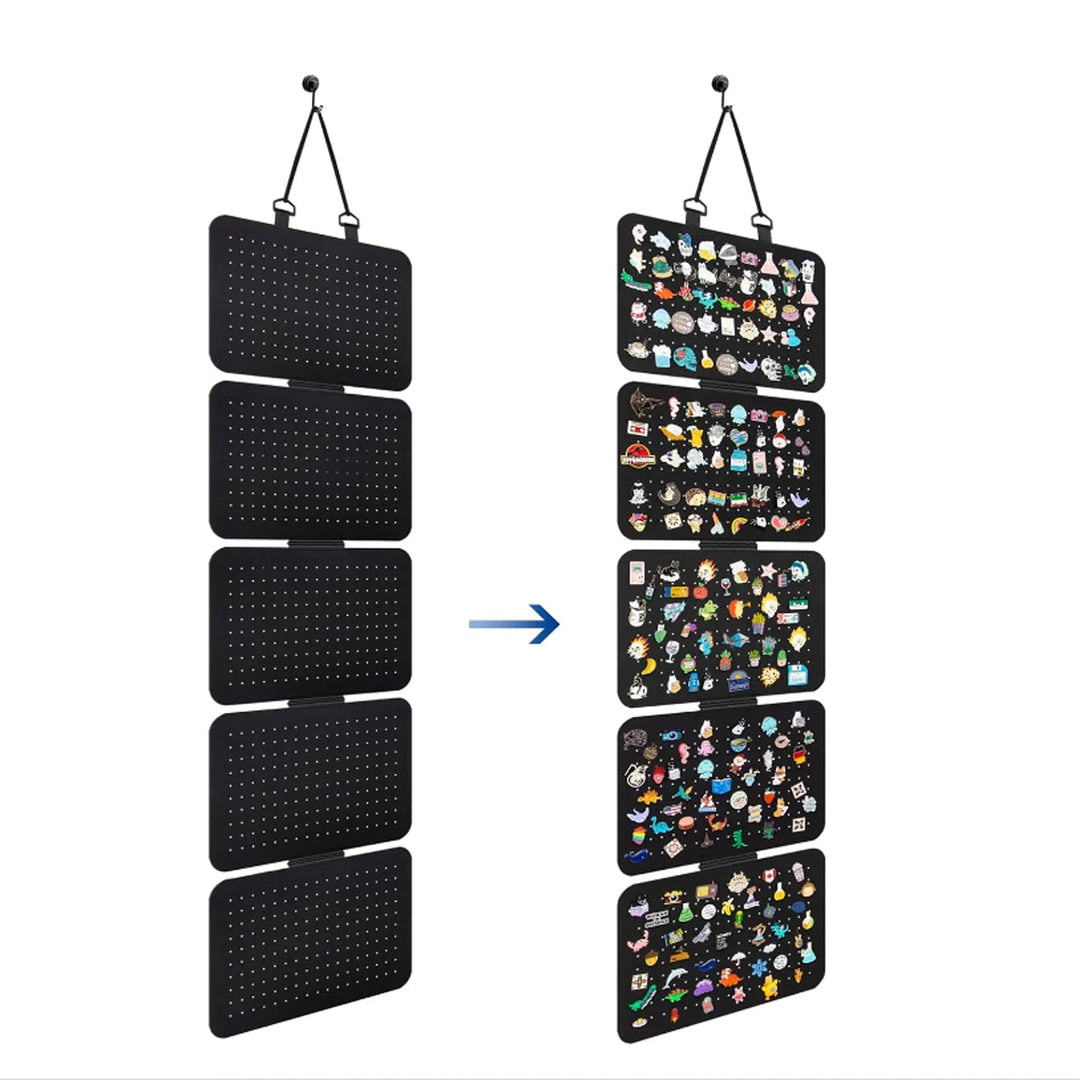 side view of Black Hanging Felt Pin Display Panels with hanging hooks displaying various small items.